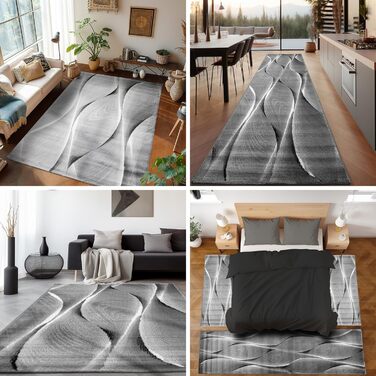 Килим для вітальні, спальні, їдальні, коридору, кухні. Сучасний килим з геометричним малюнком, короткий ворс, легкий у догляді. Чорний, 140 x 200 см