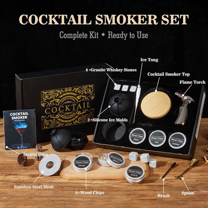 Набір для копчення віскі – Old Fashioned Cocktail Geschenkset: 6 дерев'яних чіпсів, 4 гранітні камені, запальник та аксесуари для любителів віскі та коктейлів (без бутану)