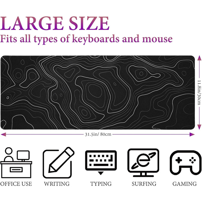 Килимок для миші HAUTOCO Gaming XXL 800x300 мм, чорний, топографічний, антиковзаючий