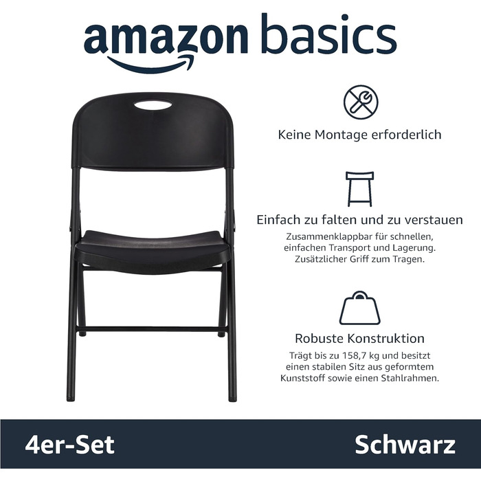 Складані стільці Amazon Basics з пластику та металу, 4 шт, чорні, для дому та вулиці, кухонні та кемпінгові, максимальне навантаження 158 кг