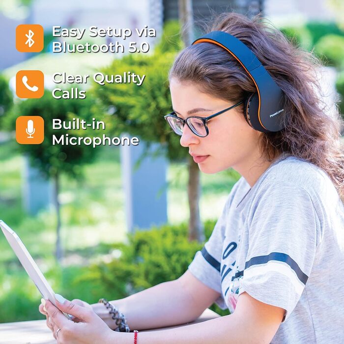 PowerLocus Бездротові навушники Over-Ear з Bluetooth, Hi-Fi стерео, FM радіо, Micro SD/TF, мікрофоном та зручними амбушюрами (Чорний/Помаранчевий)