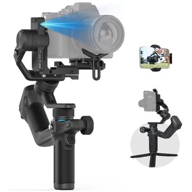 Feiyu SCORP Mini 2: Стабілізатор для камер (без дзеркала, екшн-камер, iPhone/Samsung) з підсвічуванням та виносним штативом. Чорний/Білий