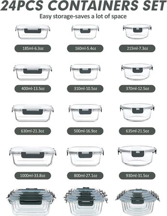 VERONES 24-Piece Crisper Set, Airtight Glass Lunch Boxes, Stackable with Lid, Freezer and Dishwasher Safe, Grey