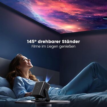Портативний міні-проектор Beamer Full HD 1080P з автофокусом та корекцією трапецеїдального спотворення. WiFi, Bluetooth, LED, 145° обертний, 50% зум, для домашнього кінотеатру та мобільного перегляду. Чорний.