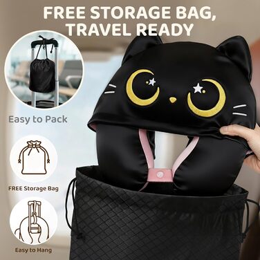 Подушка для шиї Mewaii з капюшоном, двостороння, для дітей та дорослих, милий дизайн котика, захист приватності, м'яка піна Memory Foam, подушка для подорожей на літаку та в авто (Рожева)