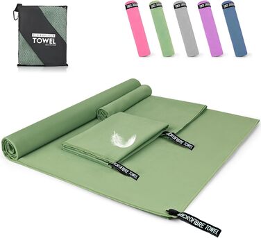 Набір з 3 рушників з мікрофібри, 180x80 см + 2 рушники 80x40 см, для фітнесу, сауни, пляжу, подорожей, темно-зелений