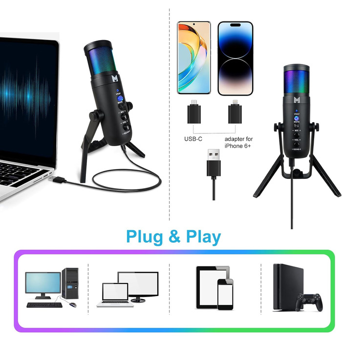 USB мікрофон для ПК, геймінгу, стрімінгу, подкастів та запису голосу. RGB-підсвітка, сумісний з телефоном, ПК, PS4, PS5 та Mac