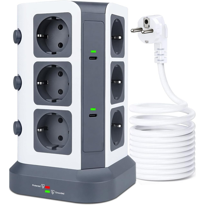 Блок розеток KOOSLA з USB-C, 12 розеток, 3680W/16A, захист від перенапруги 1500J, індивідуальне вмикання, 5м кабель, сірий