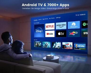 Beamer 25000Lumen 1080P/4K Android TV з автотрапецеїдним виправленням, електричним фокусом, WiFi, Bluetooth, для iPhone/Android/Tablet, білий