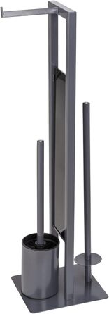 WENKO Stand WC-Garnitur Rivalta, freestanding toilet set with toilet brush, toilet paper and spare roll holder, matt lacquered steel, safety glass splash plate, 18 x 70 x 23 cm, Grey Grey/Black/Black