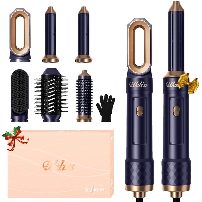 Набір для укладки волосся UKLISS 6-в-1: фен, плойка, термощітка, круглі щітки, іонізація, автоматична завивка (блакитний)