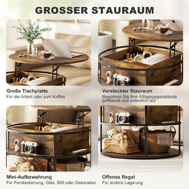 HOMCOM Adjustable Height Round Coffee Table Ø80 cm Living Room Table with Storage Shelf and Hidden Storage Space, Coffee Table Side Table for Living Room, Brown | Aosom