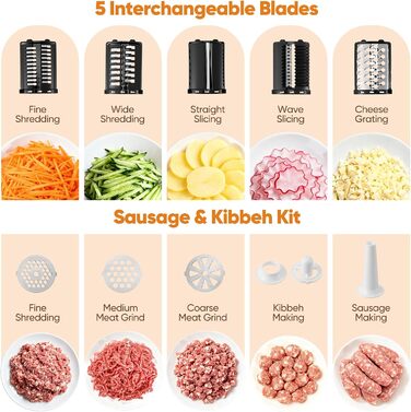 Електричний м'ясоруб 2800 Вт з насадками для овочів та сиру, кухонний комбайн 5-в-1 для м'яса, овочів, сиру та приготування ковбас