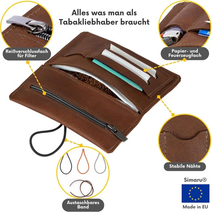 SIMARU Leather Tobacco Pouch for 30g Tobacco Bag, Roller Pouch made of Genuine Leather with Filter Compartment & Rolling Paper Holder (Brown)