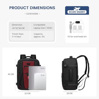 LOVEVOOK Рюкзак ручної поклажі, дорожній рюкзак для чоловіків та жінок, 40л, з відділенням для ноутбука, Carry On Luggage, Cabin Bag, (Чорний-червоний, L (45 x 32 x 20 см))