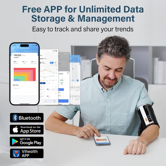 Тонометр на плече CheckMe Armfit Plus Bluetooth з ЕКГ, аналіз ЕКГ-звіту, вимірювання тиску за 30 секунд, частоти серця, підтримка кількох користувачів, сумісний з Android/iOS BP2