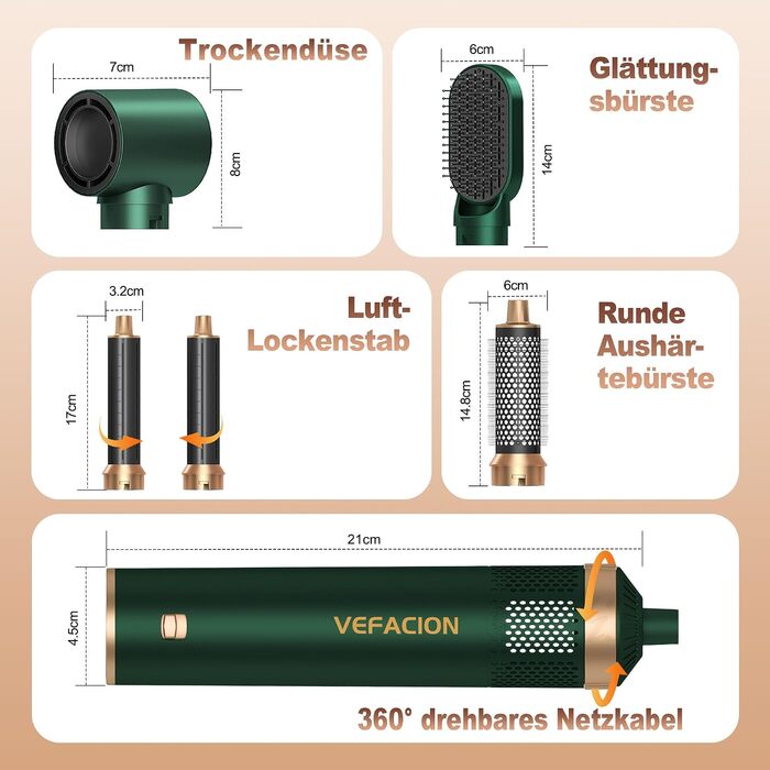 Мультистайлер для волосся 5-в-1 Air Styler 1000W: фен-щітка, автоматичний локон, вирівнювач та об'ємний стайлер, зелений