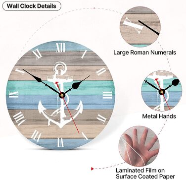 Toudorp Wall Clock Wooden French Country Style Silent Wall Clock Easy to Read Battery Operated Home Decorative Retro Wall Clock (Nautical Stripe Anchor, 12 inches)