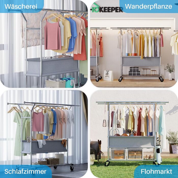 HOKEEPER Clothes Rack with Shelves, 450 kg Capacity, Rolling Clothes Rack, Portable Clothes Hanger, Chrome (D005)