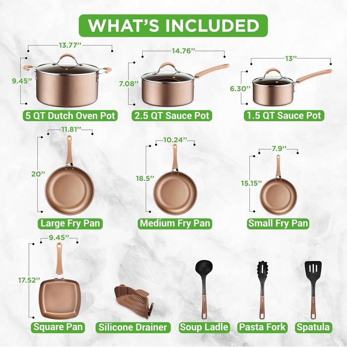 NutriChef 20-Piece Nonstick Cookware Set - PTFE/PFOA/PFOS-Free Heat Resistant Lacquer Kitchenware with Saucepan, Frying Pans, Cookware Pots, Oven Pot, Lids, Kitchen Utensils, Matte Gold
