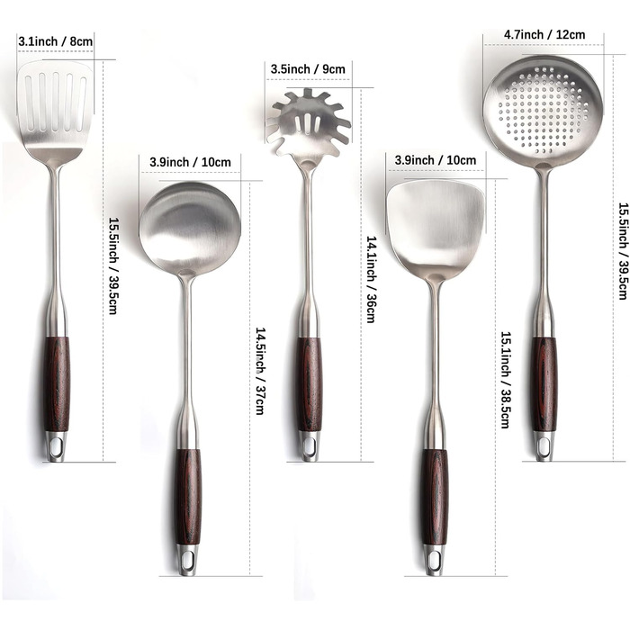 Набір кухонного приладдя з нержавіючої сталі, 5 предметів: лопатка, половник, шумовка, серветка для пасти та шумовка, придатний для миття в посудомийній машині