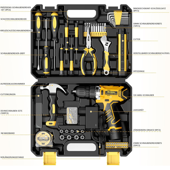 Набір інструментів Sundpey 166 шт. з акумуляторною дрилі 12V для дому, ремонту та саду (жовтий)