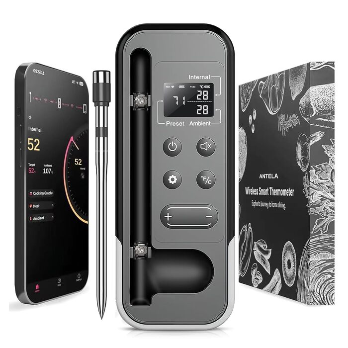 Бездротовий термометр для м'яса ANTELA з Bluetooth 5.3, LCD дисплеєм, сигналом та APP, для приготування на грилі, BBQ, в духовці та коптильні