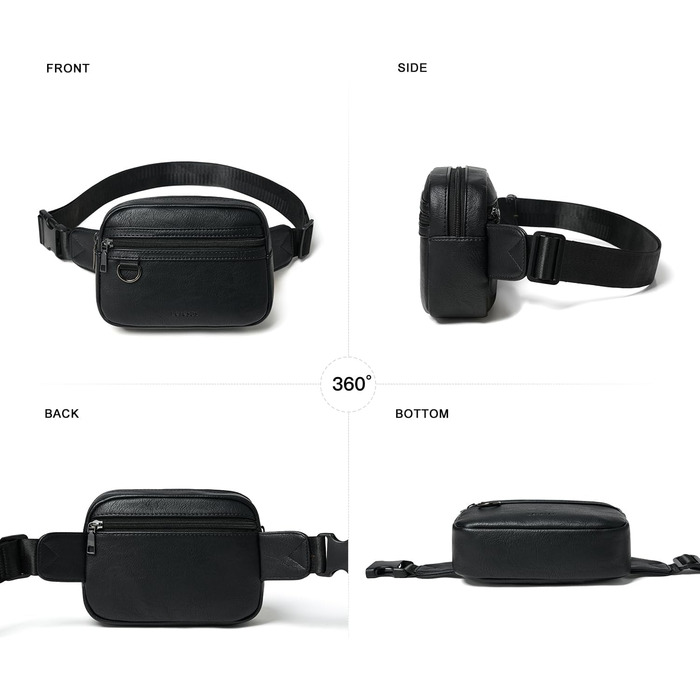 Чоловіча та жіноча поясна сумка, 2 л, веганська шкіра, коричнева, 8 дюймів, для подорожей, піших прогулянок, бігу. Модна бананка (чорна)
