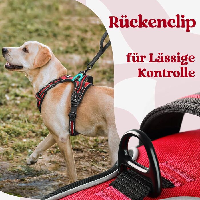 Нашийник для собак Rabbitgoo, великі породи, регульований, анти-тяга, з ручкою, м'який, світловідбиваючий, червоний, L (1 шт.)