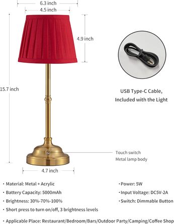 LED Настільна лампа бездротова, димована вінтажна приліжкова лампа, ретро акумуляторна настільна лампа 4000mAh, для дому, бару, вітальні (Золото + Червоний абажур, 2 шт)