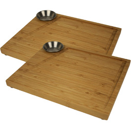 Bamboo Steak Board 2-Piece Set with Stainless Steel Sauce Containers and Juice Groove, Professional Wooden Serving Board for Meat, with 4 Non-Slip Feet, Dimensions: 30 x 25 x 3 cm