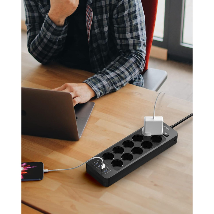 Мережева розетка JSVER 10 з USB, 4 порти зарядки, 16A, з вимикачем, 2м кабель, для смартфонів, ноутбуків, iPad – білий/чорний