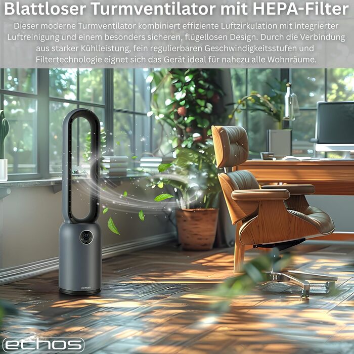 Вентилятор підлоговий Echos Turmventilator з пультом, HEPA-фільтром, таймером 24 год, тихий, енергоефективний