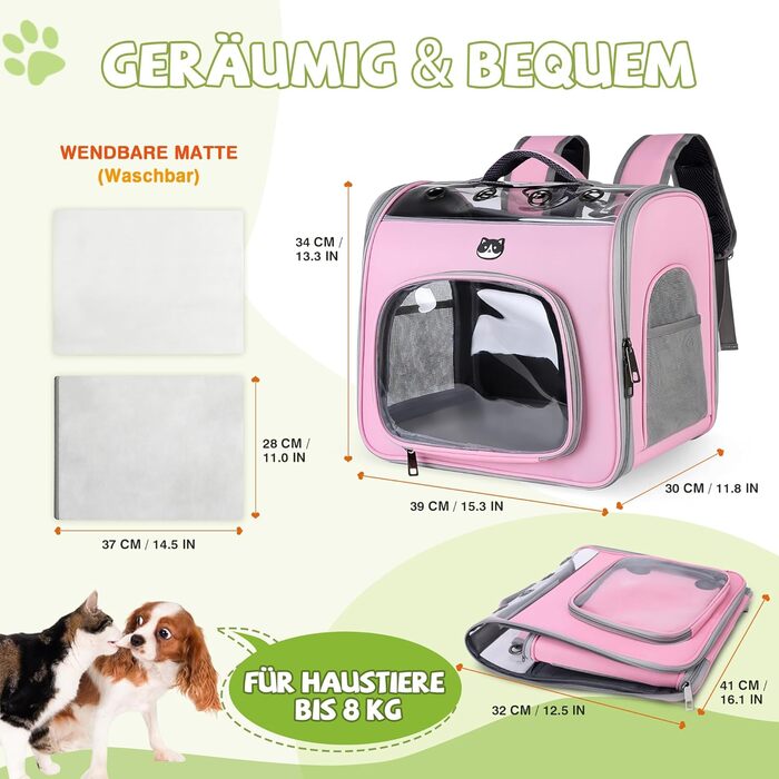 Рюкзак для котів та маленьких собак ALLSOPETS, дихаючий, з фронтальною відкривачкою та страхувальним ремінцем, для подорожей, прогулянок та хайкінгу (Квітково-рожевий)