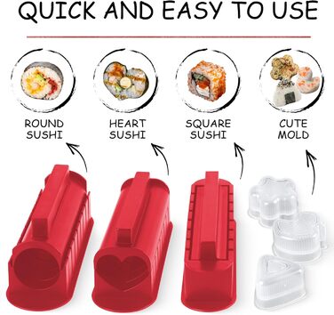 Набір для приготування суші, 20 предметів, для початківців, з формами для ролів, виделкою, ножем, килимком для ролу, палочками, повний комплект (Чорний) (Червоний+тарілка)