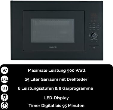 Вбудована мікрохвильова піч Wolkenstein WMW900-25GB EB | 900 Вт, 25 л, 8 програм, чорний колір