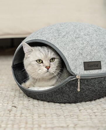 Lionto Cat Cave made of durable felt, cozy cuddle cave with zipper, 46x38x24 cm, comfortable and modern cat bed with soft and washable cushion, grey