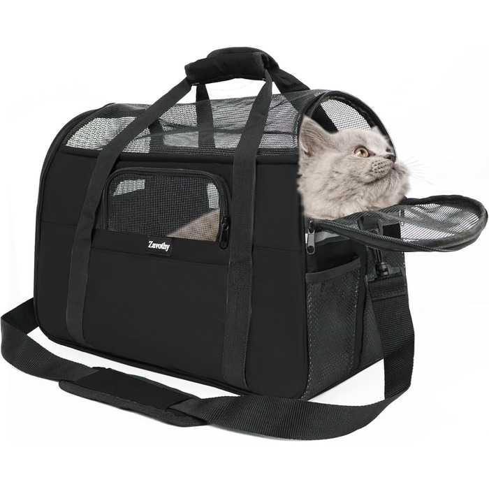 Транспортна сумка для котів та собак, дихаюча та легка, переноска для котів з регульованим плечовим ременем, знімний м'який матрац (Чорний, M)