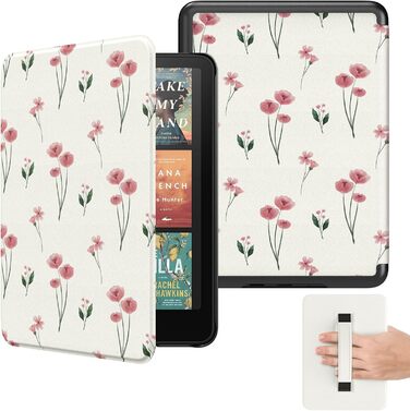 Чохол MoKo для Kindle Paperwhite (12-ге покоління, 2024) та Kindle Colorsoft Signature Edition (2024), з петлею для руки, авто-ввімкнення/вимкнення, Agave Grün (рожеві квіти)