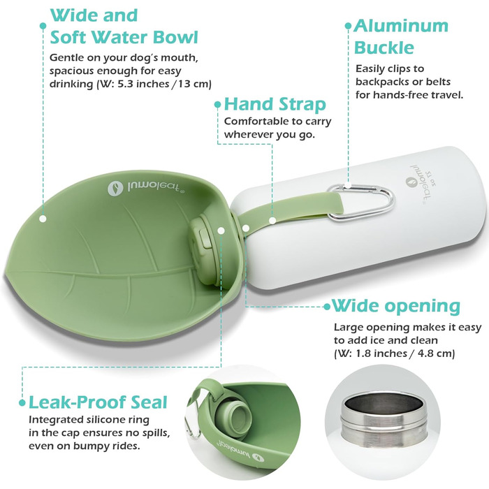 Термофляга для собак LumoLeaf з нержавіючої сталі, 800 мл, зелена - зберігає воду холодною/теплою, довговічна, портативна