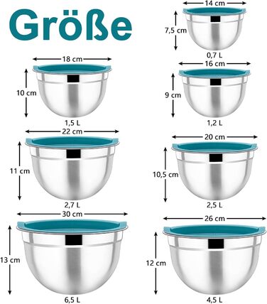 Homikit Mixing Bowls, 7-Piece Stainless Steel Bowl Salad Bowl Set with Airtight Lid for Cooking/Baking/Serving, Nesting, Dishwasher Safe, 6.5/4.5/2.7/2.5/1.5/1.2/0.7L, Blue