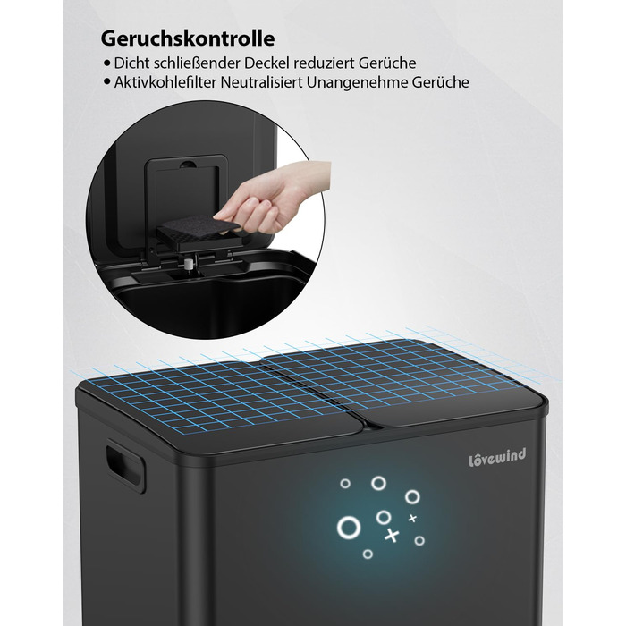 Відро для сміття lovewind подвійне 2x15л, нержавіюча сталь, з кришкою та внутрішніми відрами, для кухні, софт-клоуз, чорне