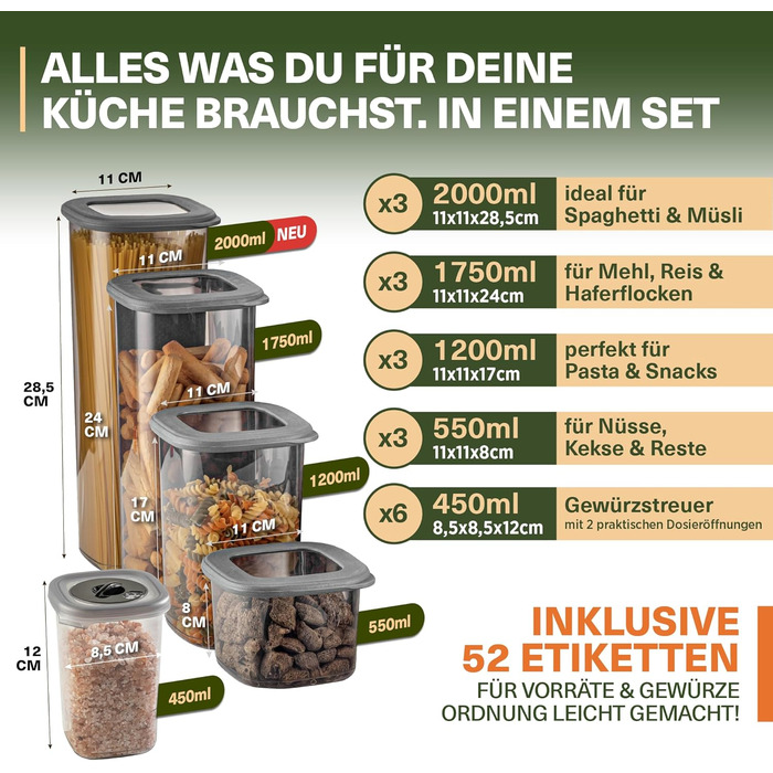 Набір контейнерів для зберігання продуктів 12 шт. з кришкою, BPA-Free, для круп, борошна, спецій, органайзер для кухні, герметичні контейнери для харчових продуктів (12 контейнерів + 6 дозаторів для спецій)