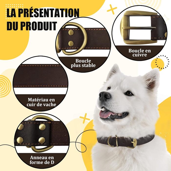 Нашийник для собак з натуральної шкіри, великий розмір (XL), міцний нашийник з латунною застібкою та D-подібним кільцем