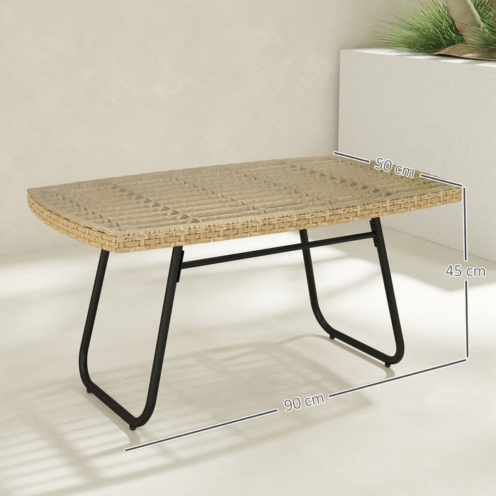 Столик для саду Outsunny з ротангу, 90 x 50 x 45 см, стійкий до УФ виносний столик зі скляною стільницею, прямокутний столик для тераси, балконний столик для саду, тераси, балкону, натуральне дерево | Aosom
