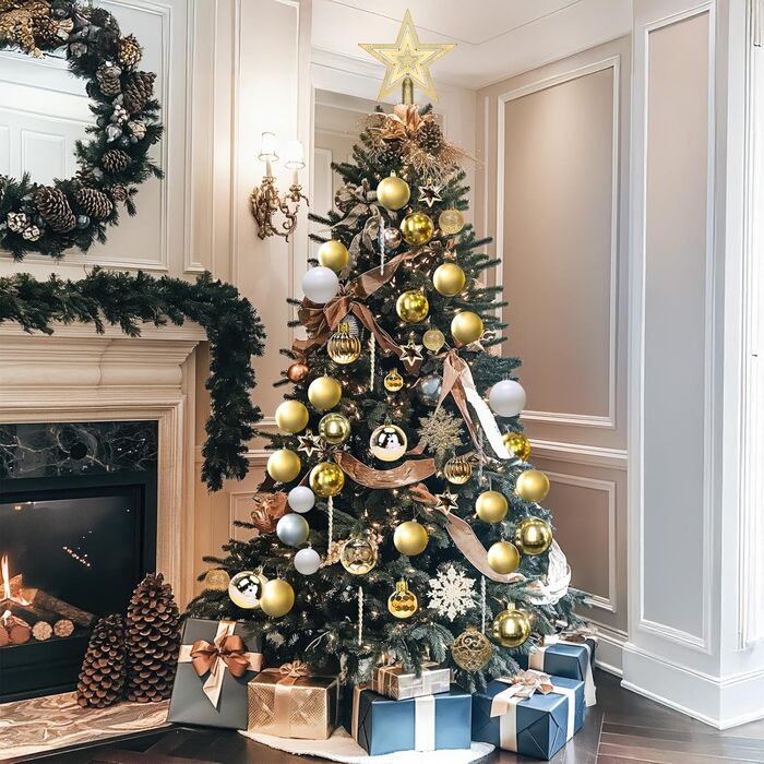 Набір прикрас на ялинку 101 шт. Золоті ялинкові кулі, ялинкова прикраса, набір ялинкових кульок, ялинкова зірка, матові та глянцеві, багаторазові, 3, 4, 6 см