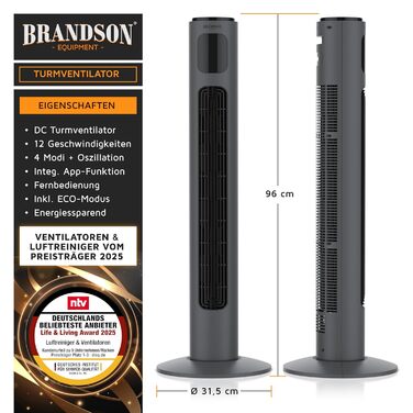 Brandson ECO Tower Fan - Silent DC Motor, 12 Speed, Remote Control, Timer, Energy Efficient, Cool Grey