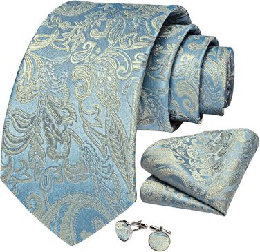 Чоловіча краватка DiBanGu з шовку, візерунок павлина та квіти, комплект: краватка, нагрудна хустинка, краваткова застібка, манжетні кнопки, класичний стиль, для весілля та свят (світло-золото-блакитний)