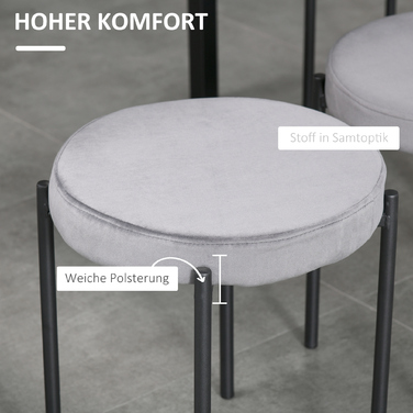 Набір з 4 барних стільців HOMCOM без спинки, металеві, кухонні стільці з м'яким сидінням у велюровій обшивці, сірого кольору.