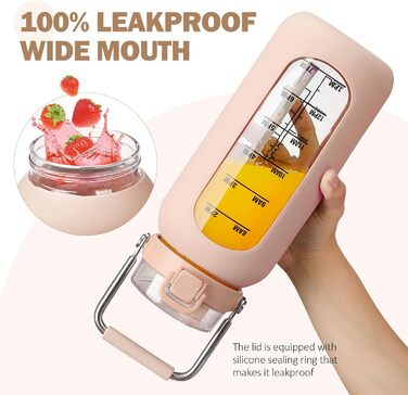 BLUEGO 2000ml Glass Water Bottle with Stainless Steel Handle and Time Marker 2L Motivation Glass Dryer with Silicone Sleeve and Straw for Gym, Office, Outdoors, Sports Water Bottles BPA-Free, (Amber)